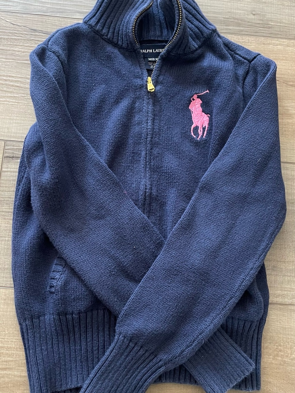 Ralph Lauren Girls M 8-10 Navy Full Zip Big Pony Sweater Cardigan Pink Logo